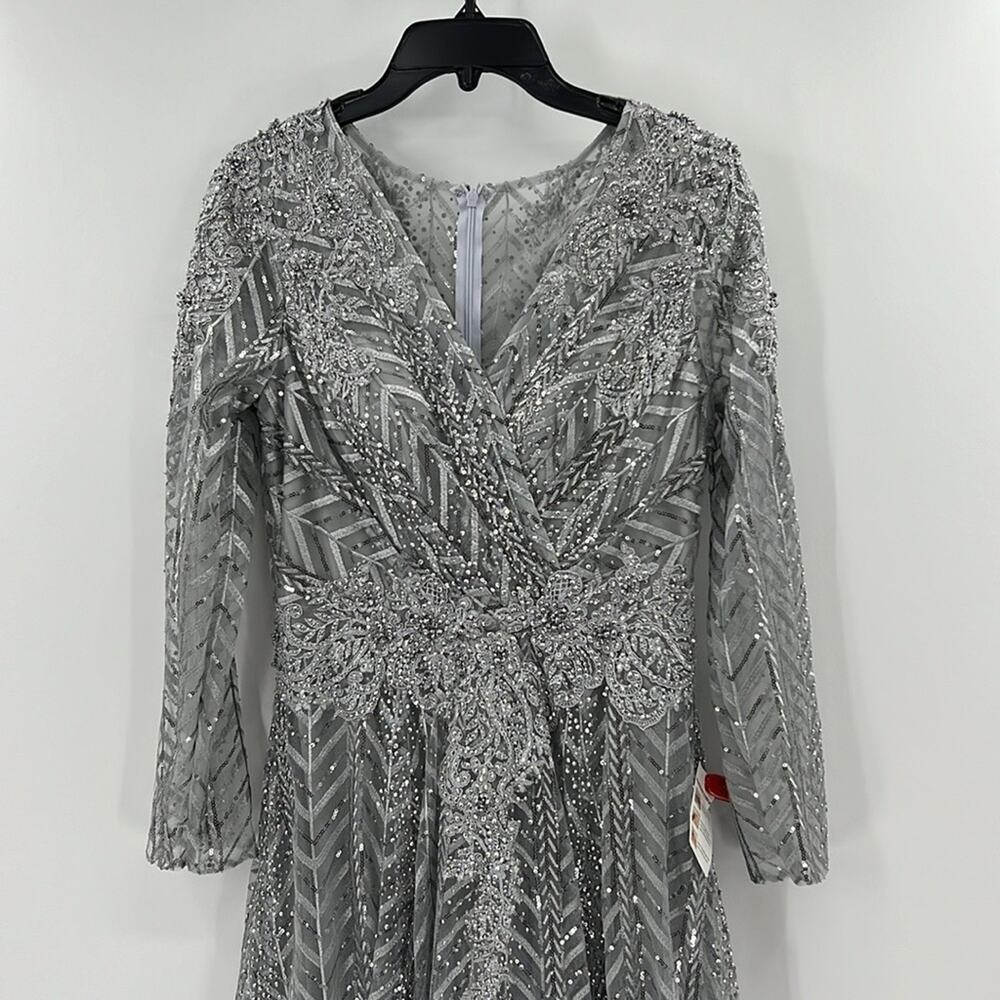 Mac Duggal 20189 Silver Embellished Illusion Long Sleeve Wrap Over A Line Gown - Picture 3 of 14